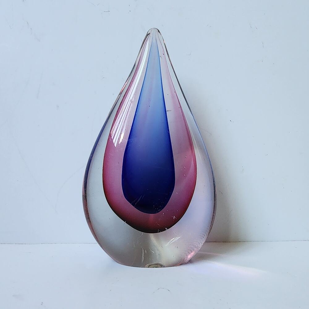 Teardrop Hand Blown Art Glass Sculpture 6.5" Blue Pink Clear Paperweight Decor